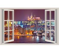 WALL STICKERS ADESIVI MURALI Praga di notte vista città Trompe L'oeil finestra