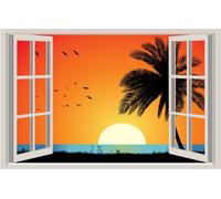 WALL STICKERS ADESIVI MURALI Spiaggia al tramonto Trompe L'oeil beach finestra