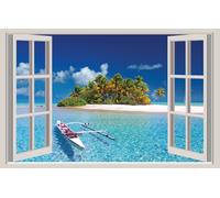 WALL STICKERS ADESIVI MURALI Spiaggia Polinesia Polynesia Trompe L'oeil finestra