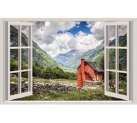 WALL STICKERS ADESIVI MURALI Vallata Montagna Natura Trompe L'oeil finestra