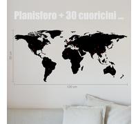 wall stickers planisfero più 30 cuoricini adesivo murale mappamondo a0259