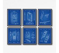 Wallbuddy Phone Patent Prints Set of Phone Posters Apple iPhone Samsung Rotary Phone Nokia Mobile phone Motorola Razor V3 Portable Telephone WB078 (20cm x 25cm, Blueprint Grid)