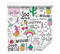WALLERO Carta da parati in tessuto non tessuto Animali e frutta e arcobaleno 50 × 1000 cm
