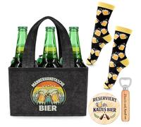 WALLFID Borsa Birra Uomo, Porta Bottiglie in Feltro per 6 Bottiglie con Apribottiglie, Sottobicchieri in Legno e Calzini, Regalo Birra Uomo Compleanno Festa del Papà