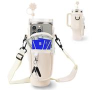 WALLFID Porta Bottiglia d'Acqua per Stanley 40oz Tumbler,con Tracolla Regolabile e Tasca per Telefono, Portaborraccia Zaino INC Neoprene con Cannuccia,per Camminate e Fitness(Bianco)