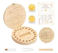 WALLFID Set Fatina dei Denti per Bambini - Scatolina in Legno Porta Dentini con Moneta e Cartolina, Scatola Ricordo Bebè per il Primo Dentino, Dolce Sorpresa della Buonanotte per Bambini