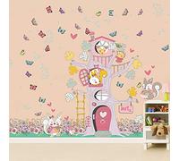 Wallflexi Adesivi da Parete Molla Happy Albero Casa Murali Decalcomania Arte Soggiorno Asilo Nido Scuola Ristorante Caffè Ufficio Decorazione Casa, PVC, Variopinto Colorato, 90 x 60 x 0.03 CM