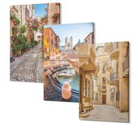Wallfluent Arte da Parete Moderna Polycanvas 30x20 cm - Quadro in 3 Parti Idea Decorativa Minimalista per Interni - Strade e fontane affascinanti in un'architettura pittoresca
