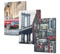 Wallfluent Set Quadri da Parete Polycanvas 30x20 cm - Decorazione Casa Salotto Arte Moderna in 3 Moduli - Una vecchia macchina sulla strada vicino al ponte di Brooklyn e apparecchiature audio retrò