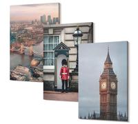 Wallfluent Stampa Artistica su Tela Quadro Polycanvas 30x20 cm Set 3 Pannelli - Decorazione Parete Moderna - Vista di Londra con il ponte e la guardia del Big Ben
