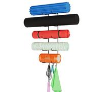 Wallniture Guru, supporto da parete per rullo in schiuma e tappetino da yoga, con 3 ganci per appendere la cinghia da yoga, bande di resistenza, metallo a 5 sezioni (nero)