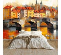 Wallpaper Carta Da Parati Murale Effetto 3D Dipinto Ad Olio Di Una Città Europea Sul Fiume Fotomurali Sfondo Murale 400x280 cm Moderne Decorazione Soggiorno Camera De Letto Sala Ufficio, Arancia