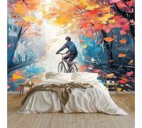Wallpaper Carta Da Parati Murale Effetto 3D Dipinto Ad Olio Foglie Autunnali Bicicletta Fotomurali Sfondo Murale 200x140 cm Moderne Decorazione Soggiorno Camera De Letto Sala Ufficio, Blu Arancione