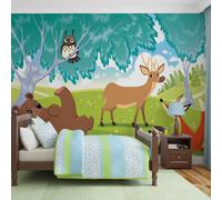 Wallpaper Murale Cameretta Unisex Animali Bosco Cartone Verde 368x254cm