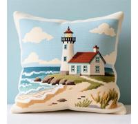 Wallphantom 11CT Kit Di Cuscini A Punto Croce,Cottage del faro in riva al mare,Kit Punto Croce Con Contati Per Adulti,Di Cuscini Per Cucito DIY,Regali Per Le Feste,45x45cm