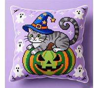 Wallphantom 11CT Kit Di Cuscini A Punto Croce,Gatto di Halloween,Kit Punto Croce Con Contati Per Adulti,Di Cuscini Per Cucito DIY,Regali Per Le Feste,45x45cm