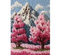Wallphantom 3D Latch Hook Tappeto Set,Paesaggio montano innevato con alberi di ciliegio in fiore,Kit Gancio Chiusura Set di tappeti,Tappeti Fai da Te per Principianti Tappeto Annodato,52x38cm