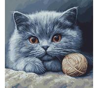 Wallphantom animale Punto Croce Kit Da Ricamare Cuscino,Simpatico gatto blu e gomitolo di lana,11CT Kit Di Ricamo Artistico DIY Prestampati,Decorazione divano casa ricamo,45x45cm