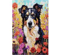 Wallphantom Cane Animale Kit Ganci a Chiavistello per Adulti,Cane da pastore tra i fiori,Kit Gancio di Chiusura Tappeto,DIY Tappeto da Ricamo per Principianti,Ricamo a Punto Croce,52x38cm