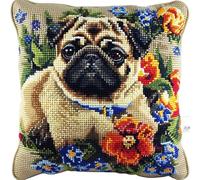 Wallphantom Cane animale Kit per cuscino a punto croce,Carlino e fiori,Cuscino per Punto Croce con,tela prestampata,filo e ago,Cuscino da Tiro DIY Ricamato Regali Kit,45x45cm