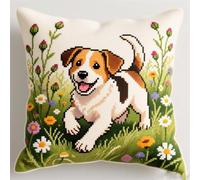 Wallphantom Cuscino da Tiro Fai da Te Ricamato Kit,Cucciolo tra i fiori,Punto Croce Kit da Ricamare Principianti,Regali creativi per la decorazione della casa,45x45cm