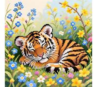 Wallphantom Cuscino da Tiro Fai da Te Ricamato Kit,Piccola tigre che dorme tra i fiori,Punto Croce Kit da Ricamare Principianti,Regali creativi per la decorazione della casa,45x45cm