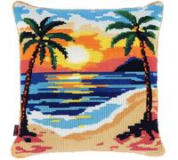 Wallphantom DIY Cuscino da Ricamare Punto Croce,Spiaggia al tramonto, palme da cocco in riva al mare,Kit Punto Croce da Ricamare 45x45cm,Prestampato Set per Cuscino Ricamato
