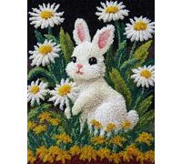 Wallphantom DIY rug Latch Hook Kits,Coniglio bianco e fiori di margherita,Handmade Hanging Carpet Embroidery Making Kits,Home Decoration Rug for Adults And Beginners,60x90cm