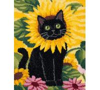 Wallphantom DIY rug Latch Hook Kits,Fiori di girasole e gatto,Handmade Hanging Carpet Embroidery Making Kits,Home Decoration Rug for Adults And Beginners,90x120cm