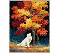 Wallphantom DIY rug Latch Hook Kits,Volpe bianca sotto l'acero,Handmade Hanging Carpet Embroidery Making Kits,Home Decoration Rug for Adults And Beginners,55x75cm