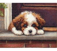 Wallphantom Kit Gancio di Chiusura Tappeto,cane sdraiato sulla soglia di casa,DIY appeto per Uncinetto Latch Hook Rug Kit Eegalo Creativo per la casa e il divano,52x38cm