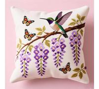 Wallphantom Kit per cuscino a punto croce,Colibrì sotto il glicine,Cuscino per Punto Croce con,tela prestampata,filo e ago,Cuscino da Tiro DIY Ricamato Regali Kit,45x45cm