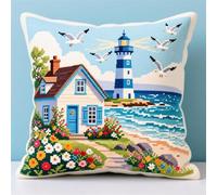 Wallphantom Kit per cuscino a punto croce,Faro Flower Cottage in riva al mare,Cuscino per Punto Croce con,tela prestampata,filo e ago,Cuscino da Tiro DIY Ricamato Regali Kit,45x45cm