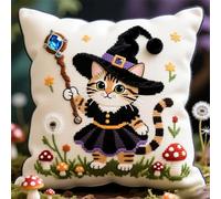 Wallphantom Kit per cuscino a punto croce,Gatto di Halloween,Cuscino per Punto Croce con,tela prestampata,filo e ago,Cuscino da Tiro DIY Ricamato Regali Kit,45x45cm