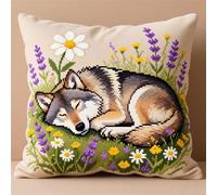 Wallphantom Kit per cuscino a punto croce,Lupo che dorme tra i fiori,Cuscino per Punto Croce con,tela prestampata,filo e ago,Cuscino da Tiro DIY Ricamato Regali Kit,45x45cm