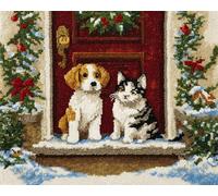 Wallphantom Natale Tappeto per Uncinetto Latch Hook Rug Kit per Adulti,Gatto e cane davanti alla porta,3D tappeto in tela modello prestampato,Kit Gancio di Chiusura Tappeto,55x75cm