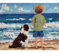 Wallphantom paesaggio Kit di Bloccaggio a Punto per Adulti,ragazzo e cane in spiaggia,3D Latch Hook rug Kit,Tappeto da Bricolage Crochet Principianti,Eegalo Creativo per la casa,80x115cm