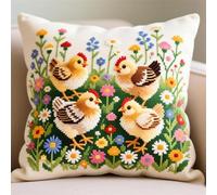 Wallphantom Punto Croce Kit Da Ricamare Cuscino,Polli nei fiori,11CT Kit Di Ricamo Artistico DIY Prestampati,Decorazione divano casa ricamo,45x45cm