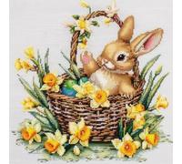 Wallphantom Punto Croce Prestampato Kit da Ricamare,Cestino di narcisi gialli coniglio pasquale,11CT Ricamo Kit Punto Croce Arte Adatto A Principianti per La Decorazione Domestica,40x40Cm