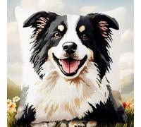 WallustrioaW Animale Cane Kit Punto Croce per Cuscino Principianti,Cane Border Collie,Prestampato Cuscino da Tiro Fai da Te Ricamato Kit,per Arredamento Casa 45x45cm