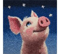 WallustrioaW animali dei cartoni animati Kit gancio di chiusura DIY per federa,Maialino rosa sotto il cielo stellato,kit da ricamo per cuscino con fasci di filati colorati,tela,strumento,43x43cm