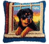 WallustrioaW Cane Animale Kit gancio di chiusura fai da te Kit per federa,Rottweiler sul davanzale della finestra,Cuscini Artigianali Ricamare Cuscini per Divano per Adulti e Principianti,43x43cm