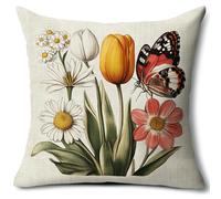 WallustrioaW fiori Cuscino con Ricamo a Punto Croce,Tulipani,margherite,farfalle,Punto Croce Kit da Ricamare Principianti,Cuscino Ricamato a Mano con Punto Croce Set,45X45CM