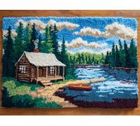 WallustrioaW Kit per tappeti con gancio a scatto per adulti,Baita sul lago nella foresta,DIY kit per la creazione di tappeti con tela stampata,ricamo con filato all'uncinetto,52x38cm