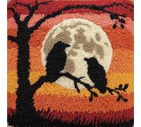 WallustrioaW Paesaggio di luna piena Kit gancio di chiusura DIY per federa,Corvo su un ramo,kit da ricamo per cuscino con fasci di filati colorati,tela,strumento,43x43cm
