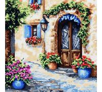 WallustrioaW Paesaggio urbano di una piccola città Kit per cuscino a punto croce per adulti,Vasi di fiori davanti alla porta,Kit punto croce Ricamo A Punto Croce Cuscino Per Arredamento Casa 45x45cm