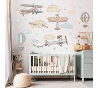 Wally Fox Adesivi da parete per bambini - Adesivi decorativi - Non tossici, sicuri, di alta qualità - Decorazione della camera - Aerei, palloncini, stelle, nuvole, blu - L - 34pz