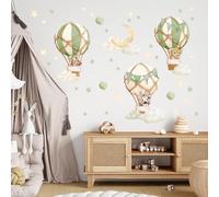 Wally Fox adesivi murali animali e mongolfiere verde dimensione 6-54 cm | 47 adesivi in verde, crema, beige, blu per la cameretta dei bambini, con animali nei palloncini, mongolfiere, stelle, luna.
