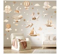 Wally Fox - Adesivi Murali per la Decorazione Della Cameretta dei Bambini - Decorazione per la Cameretta Delle Bambine - 62 adesivi singoli - Palloncini, Barche, Animali, Stelle, Lune, Nuvole -Marrone