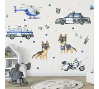 Wally Fox adesivi murali polizia ed elicottero blu dimensione 3,5-65 cm | Set con 35 elementi: auto, elicottero e cani poliziotto, per decorare la cameretta di bambine e bambini.